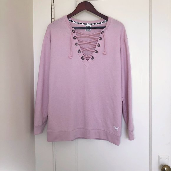 PINK Lace Up Campus Crew Sweatshirt - Picture 1 of 6